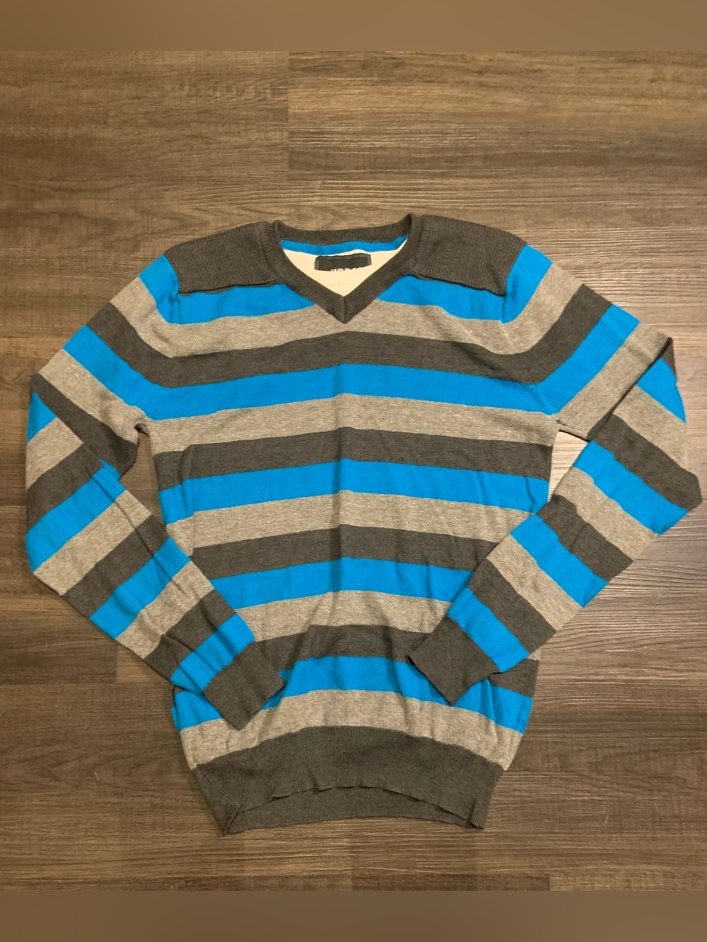 Urban Heritage Men's V-Neck Striped Sweater in Gray & Blue